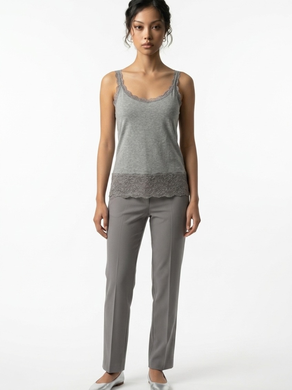Sundance Gray Sheer Lace Trim Sleeveless Boho Women's L Y2K Lightweight Cami Top